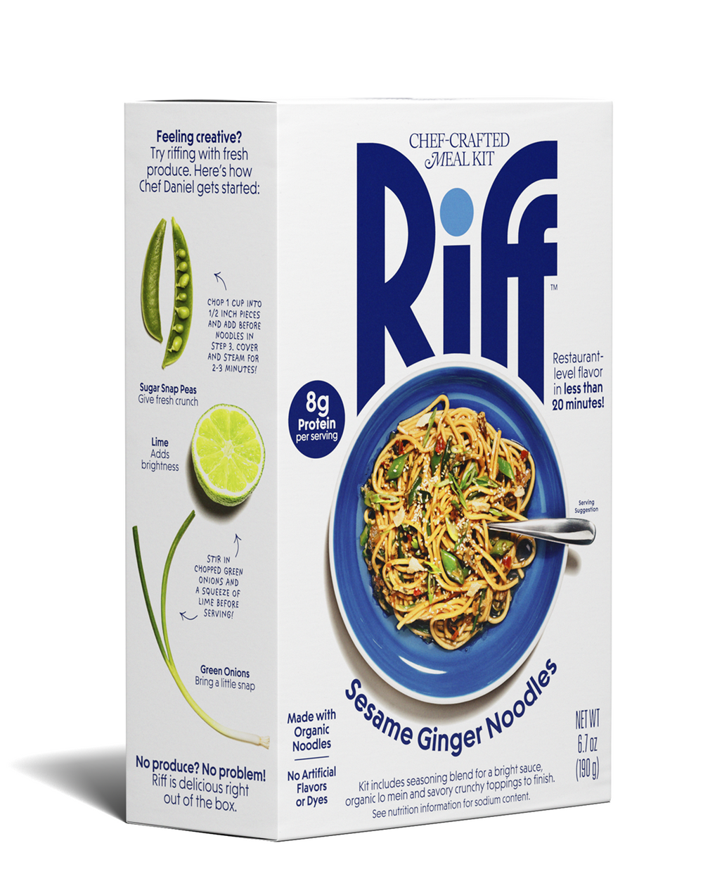 Angled view of a Riff Sesame Ginger Noodles chef-crafted meal kit box, showing the side panel with instructions for adding fresh sugar snap peas, lime, and green onions, and the front panel with a blue bowl of noodles topped with sesame seeds and vegetables.