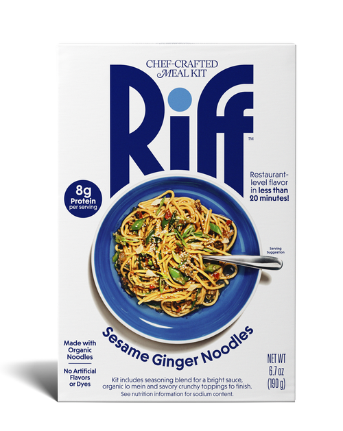 Front of a Riff Sesame Ginger Noodles chef-crafted meal kit box shown straight-on, featuring a blue bowl of noodles topped with sesame seeds and vegetables and a spoon resting in the dish.