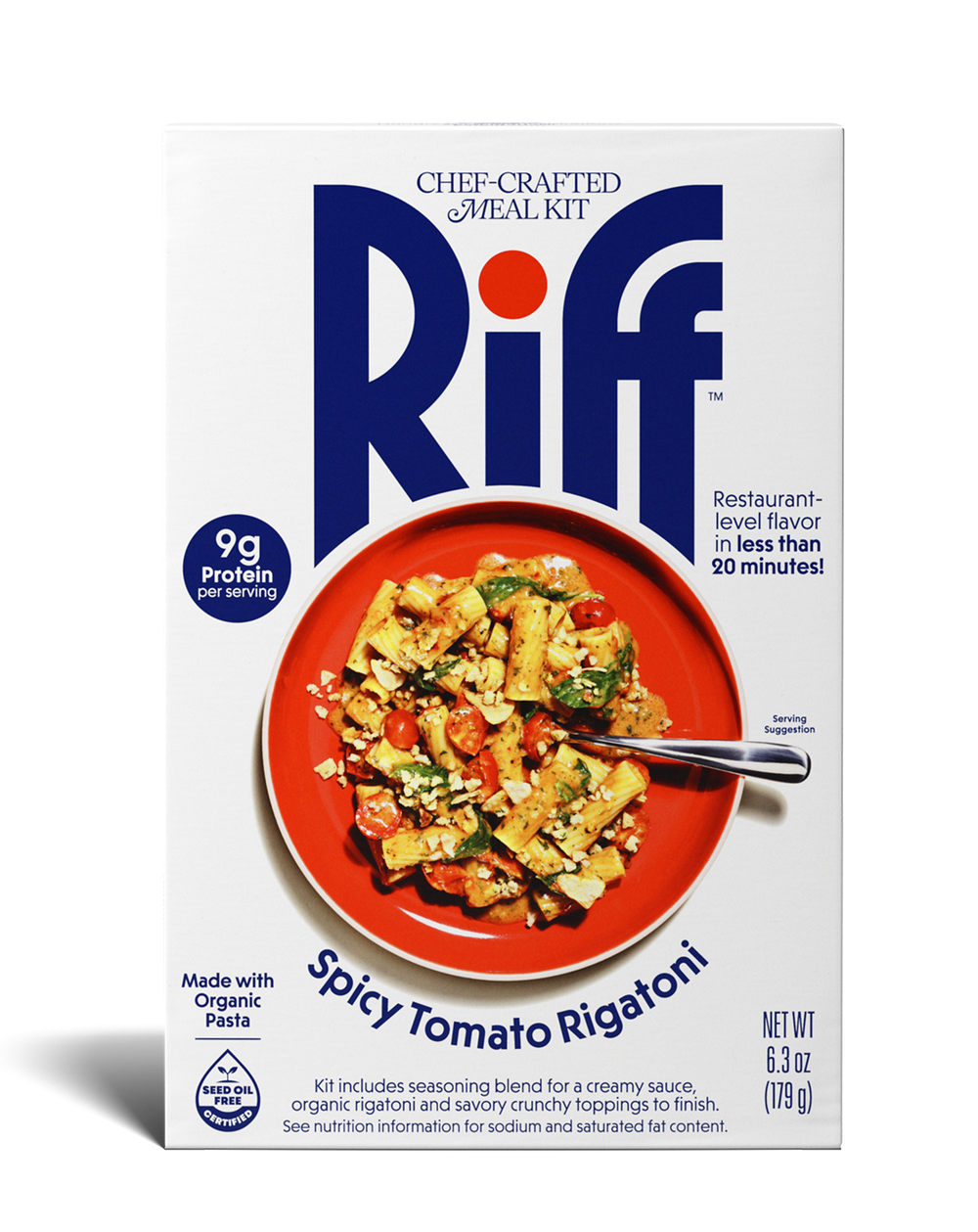 Front of a Riff Spicy Tomato Rigatoni chef-crafted meal kit box shown straight-on, featuring a red plate of rigatoni pasta with cherry tomatoes, greens, and crumbled topping, with a spoon resting in the dish.
