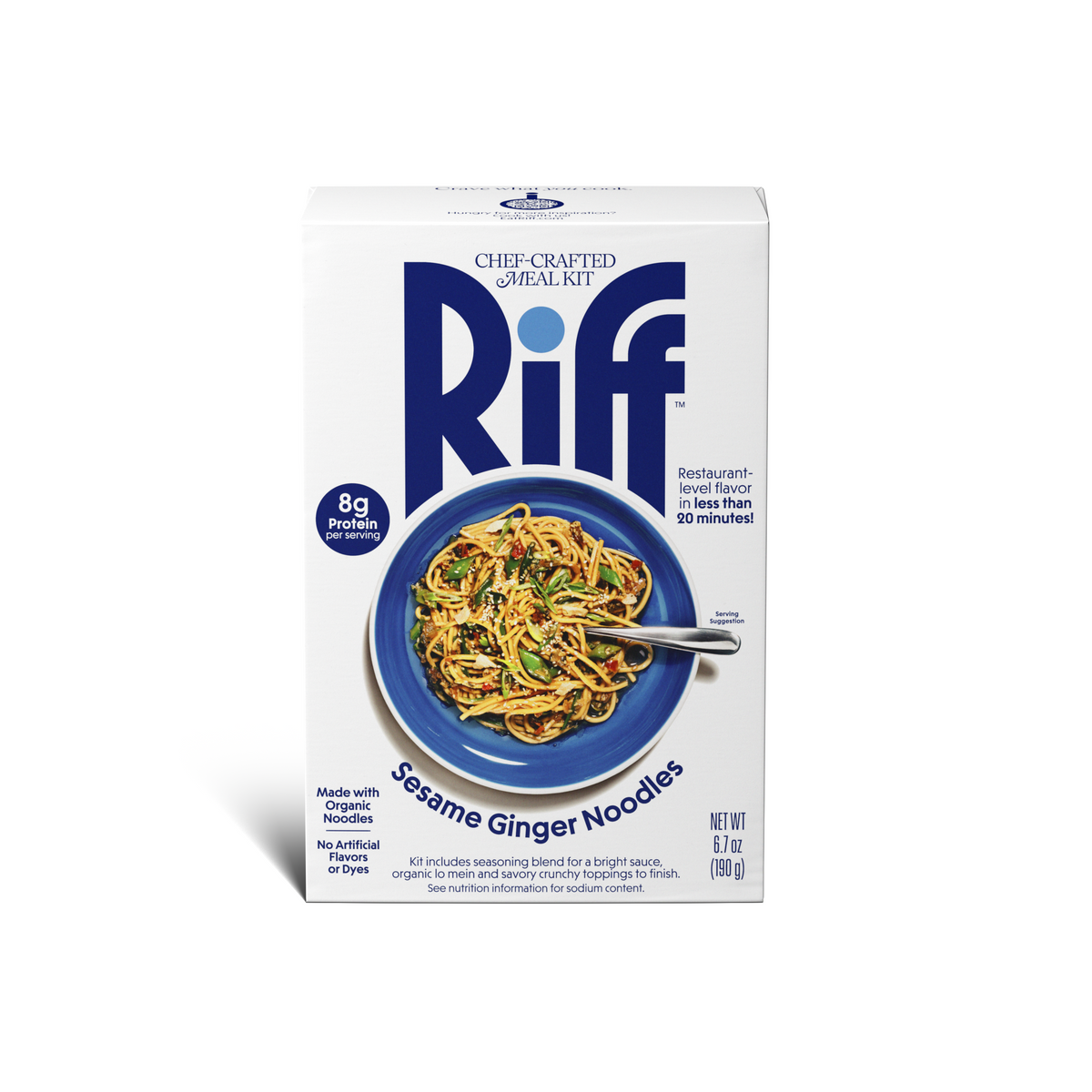 Front of a Riff Sesame Ginger Noodles chef-crafted meal kit box, featuring a blue plate of noodles tossed with vegetables and sesame seeds.
