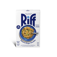 Front of a Riff Sesame Ginger Noodles chef-crafted meal kit box, featuring a blue plate of noodles tossed with vegetables and sesame seeds.