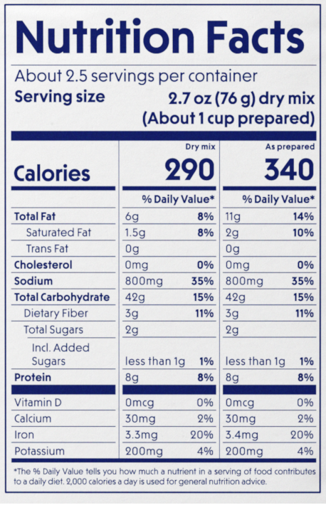 Nutrition Facts panel for Riff Sesame Ginger Noodles showing about 2.5 servings per container, 290 calories for the dry mix and 340 calories as prepared, with fat, sodium, carbohydrate, and protein values listed.