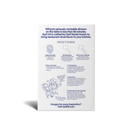 Back of a Riff Sesame Ginger Noodles chef-crafted meal kit box describing the brand, a "What's Inside" section covering the organic noodles, seasoning, and crunchy toppings, cooking instructions, and a hand-drawn illustration of a dancing chef holding a skirt steak.