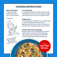 Cooking instructions card for Riff Sesame Ginger Noodles listing ingredients needed, three numbered steps to cook the noodles, make the sauce, and finish with crunchy toppings, an illustration of a chef stirring a pot, and a photo of the plated noodle dish on a blue plate.
