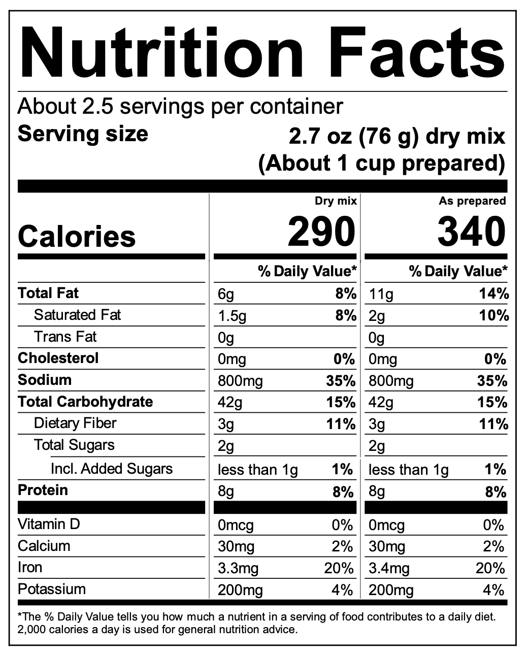 Sesame Ginger Noodles nutrition facts. About 2.5 servings. Serving size 2.7 oz (76 g) dry mix, about 1 cup prepared. Per serving, dry mix / as prepared; single values apply to both. Calories 290 / 340. Total fat 6g (8%) / 11g (14%). Saturated fat 1.5g (8%) / 2g (10%). Trans fat 0g. Cholesterol 0mg. Sodium 800mg (35%). Total carbohydrate 42g (15%). Dietary fiber 3g (11%). Total sugars 2g, added sugars less than 1g (1%). Protein 8g (8%). Vitamin D 0mcg, calcium 30mg (2%), iron 3.3mg / 3.4mg (20%), potassium 2