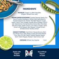 Ingredients panel from a Riff Sesame Ginger Noodles box on a blue background, listing organic lo mein noodles, sesame ginger seasoning, and crunchy topping ingredients, with photos of the plated dish, snap peas, a lime, and a scallion.
