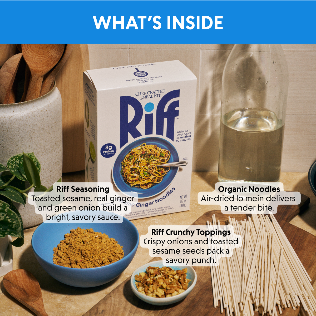 "What's Inside" panel for Riff Sesame Ginger Noodles showing a box of the meal kit next to dry lo mein noodles, a bowl of sesame ginger seasoning, and a dish of crunchy topping, each labeled with a description of its role in the dish.