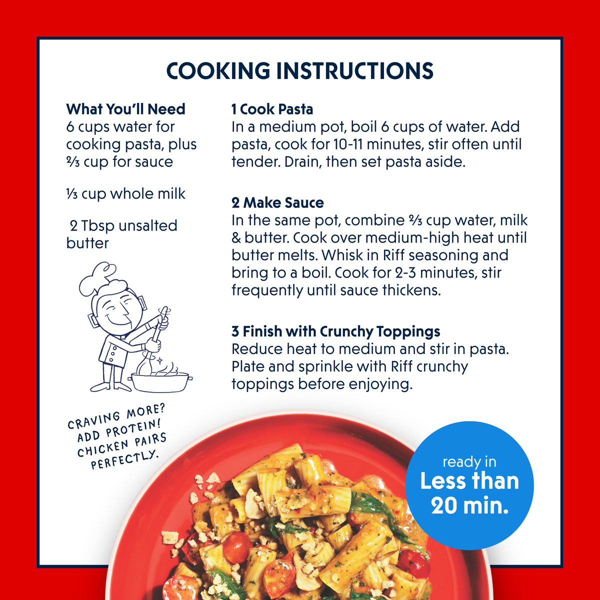 Cooking instructions card for Riff Spicy Tomato Rigatoni listing ingredients needed, three numbered steps to cook the pasta, make the sauce, and finish with crunchy toppings, an illustration of a chef stirring a pot, and a photo of the plated rigatoni dish on a red plate.
