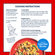 Cooking instructions card for Riff Spicy Tomato Rigatoni listing ingredients needed, three numbered steps to cook the pasta, make the sauce, and finish with crunchy toppings, an illustration of a chef stirring a pot, and a photo of the plated rigatoni dish on a red plate.