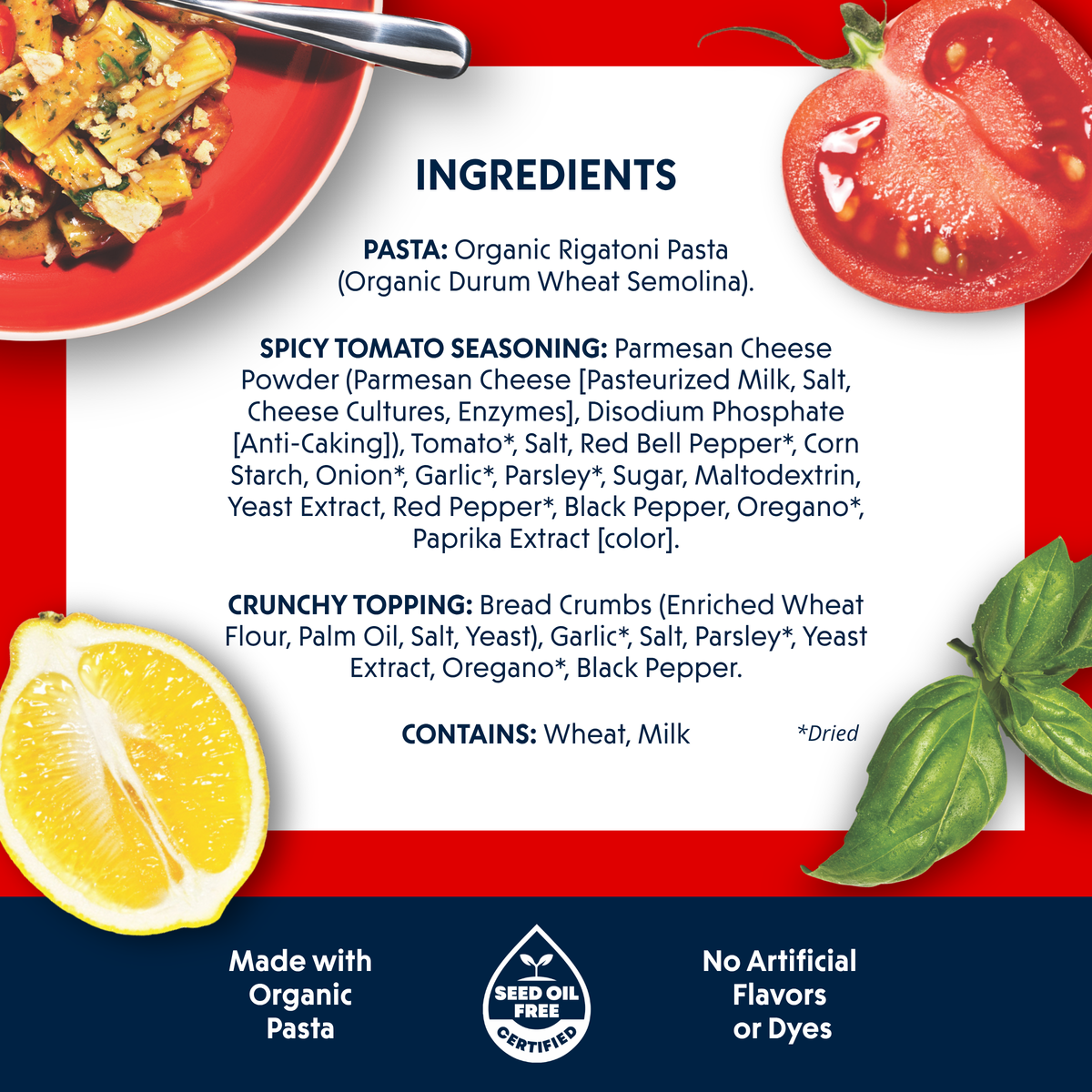 Ingredients panel from a Riff Spicy Tomato Rigatoni box on a red background, listing organic rigatoni pasta, spicy tomato seasoning, and crunchy topping ingredients, with photos of the plated dish, a tomato, a lemon, and basil.
