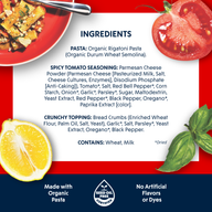 Ingredients panel from a Riff Spicy Tomato Rigatoni box on a red background, listing organic rigatoni pasta, spicy tomato seasoning, and crunchy topping ingredients, with photos of the plated dish, a tomato, a lemon, and basil.