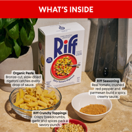 "What's Inside" panel for Riff Spicy Tomato Rigatoni showing a box of the meal kit next to a bowl of dry rigatoni pasta, a bowl of tomato seasoning, and a dish of crunchy breadcrumb topping, each labeled with a description of its role in the dish.