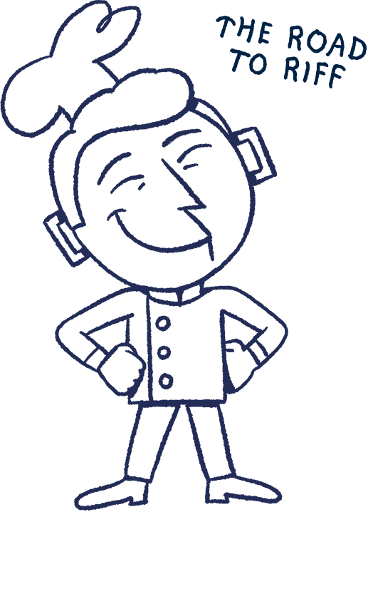 Hand-drawn illustration of a smiling cartoon chef character with a tall chef's hat and hands on hips, next to handwritten text reading "THE ROAD TO RIFF."