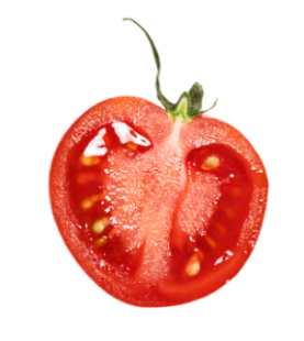 A cherry tomato halved lengthwise, showing its seeds and red flesh with the green stem still attached, on a plain white background.