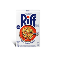 A Riff Spicy Tomato Rigatoni chef-crafted meal kit box, featuring a white package with blue Riff branding, a red plate of rigatoni pasta on the front, and a navy badge reading "9g Protein per serving."