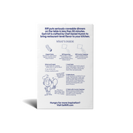 Back of a Riff Spicy Tomato Rigatoni chef-crafted meal kit box describing the brand, a "What's Inside" section covering the organic pasta, seasoning, and crunchy toppings, cooking instructions, and a hand-drawn illustration of a chef holding a chicken leg.