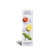 Side panel of a Riff Spicy Tomato Rigatoni box titled "Feeling creative?" with photos of a halved cherry tomato, a halved lemon, and basil leaves, each with tips from Chef Daniel for riffing with fresh produce.