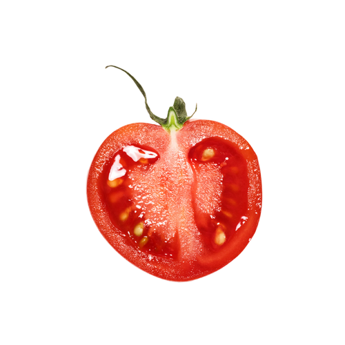 A cherry tomato sliced in half showing the seeds inside, on a transparent background.