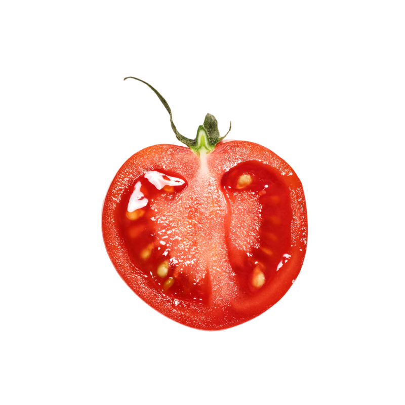 A cherry tomato sliced in half showing the seeds inside, on a transparent background.