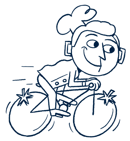 Hand-drawn illustration of a chef character wearing a chef's hat riding a bicycle with tomato-shaped wheels.