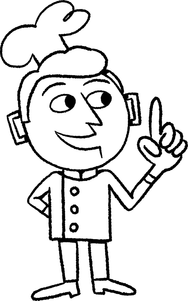 Hand-drawn illustration of a chef character wearing a chef's hat, smiling and pointing one finger upward.