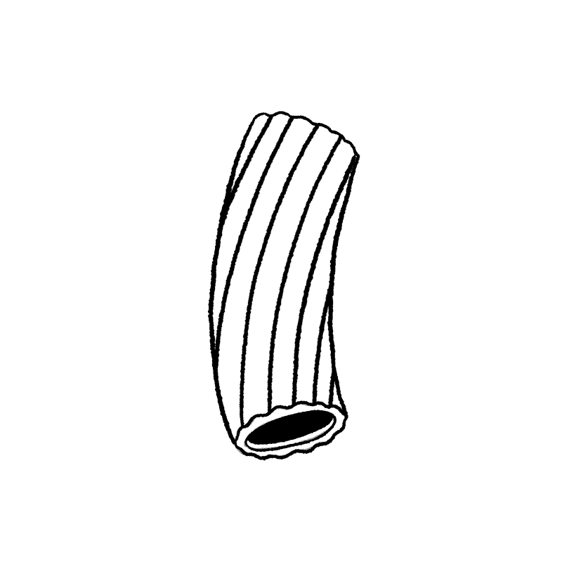 Black line illustration of a single ridged piece of rigatoni pasta.