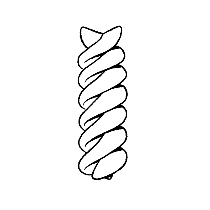 Black line illustration of a twisted piece of rotini pasta.