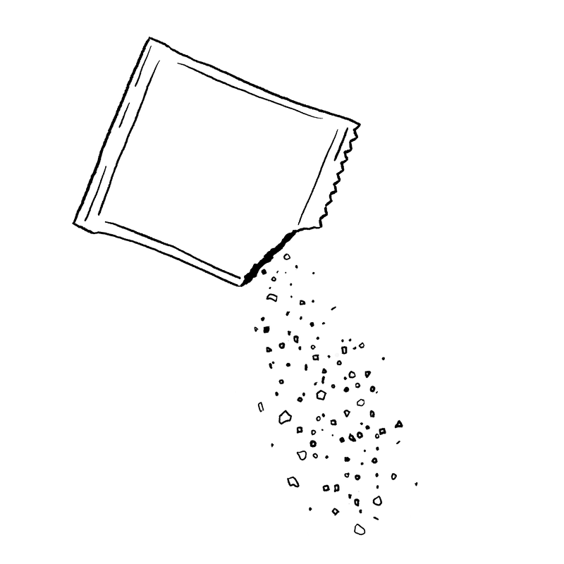 Black line illustration of a torn seasoning packet pouring out seasoning granules.