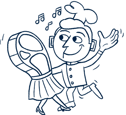 Hand-drawn illustration of a Riff chef character dancing with one arm raised, holding a film reel, with musical notes floating around him.