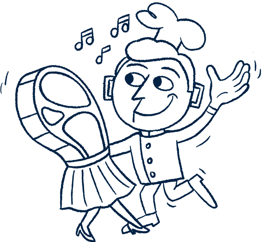 Hand-drawn illustration of a Riff chef character dancing with one arm raised, holding a film reel, with musical notes floating around him.