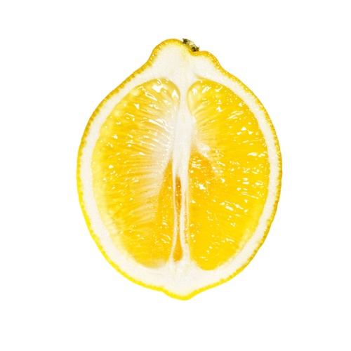 A lemon half sliced open showing the juicy flesh, on a transparent background.
