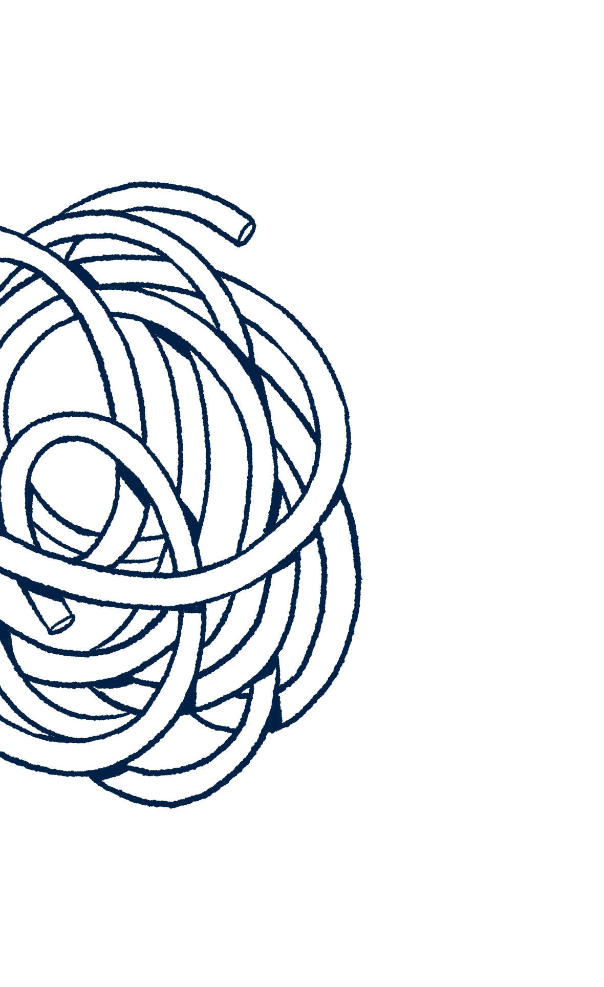 Hand-drawn navy line illustration of a tangled swirl of noodles on a tall white background.