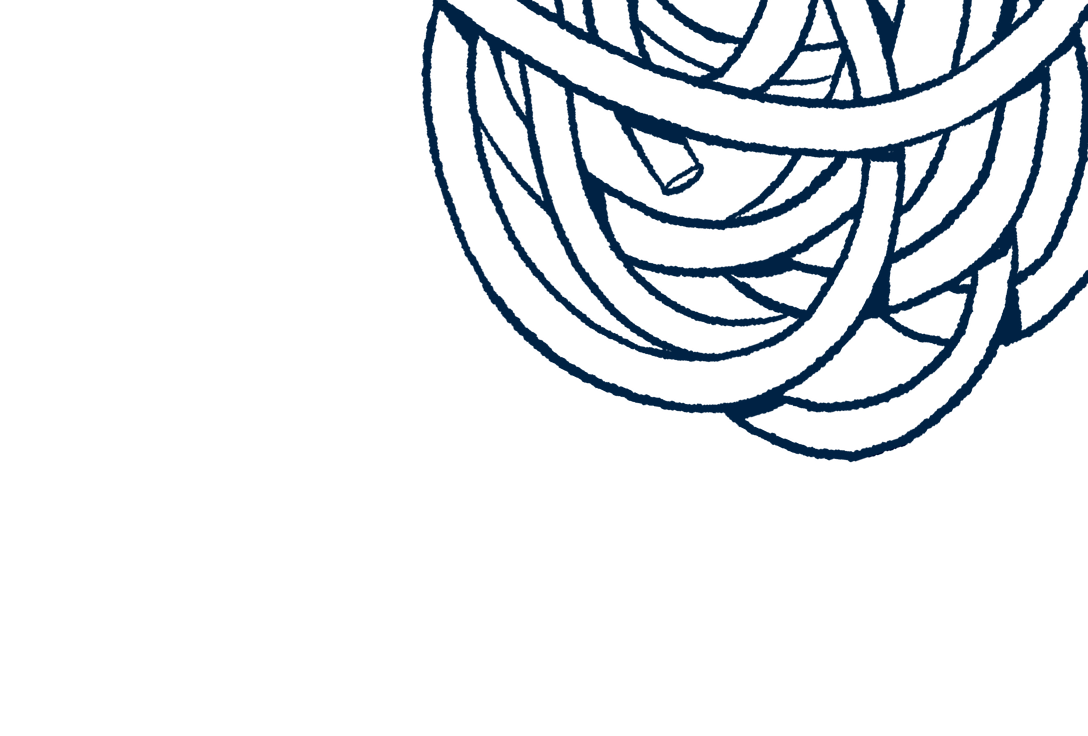 Hand-drawn navy line illustration of a tangled swirl of noodles, cropped to the upper right.