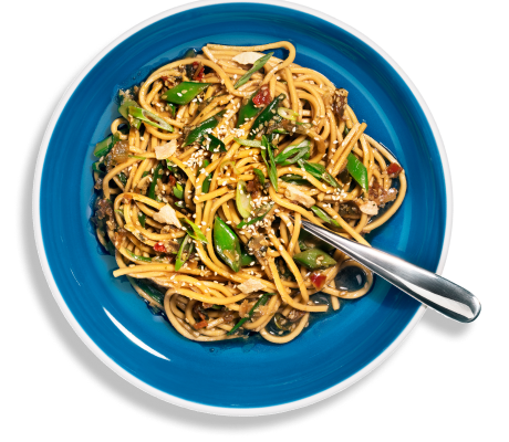 Overhead shot of Riff Sesame Ginger Noodles topped with scallions and sesame seeds in a blue bowl, with a fork resting on the side.