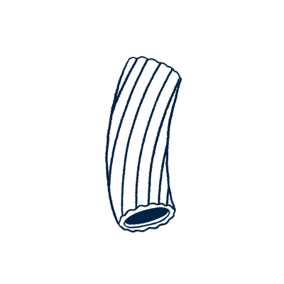 Hand-drawn navy line illustration of a single ridged rigatoni pasta tube.