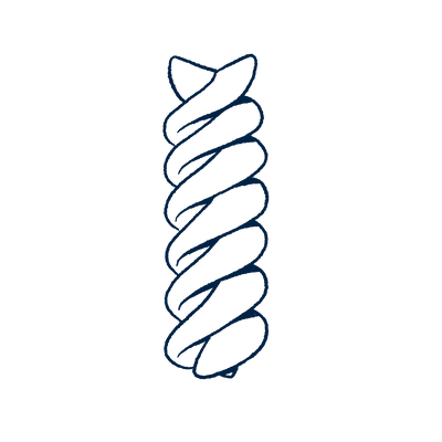 Hand-drawn navy line illustration of a single spiral rotini pasta noodle.